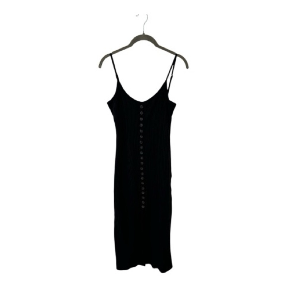 Vici Midi Black Ribbed Tank Dress with Front Slit and Faux Button-up